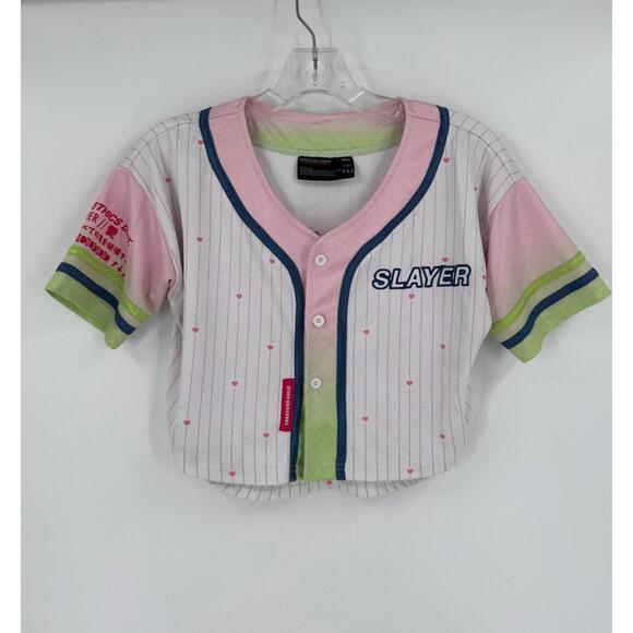 Tops - Creators Guild Womens Pink Slayer Graphic Short Sleeve Baseball Crop Top Sz S